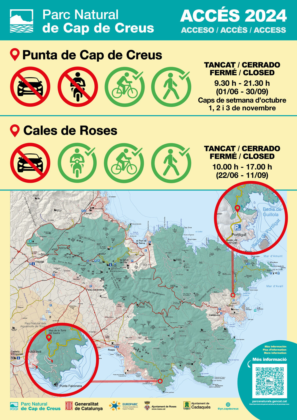 Accès des véhicules au Parc National du Cap de Creus depuis Roses, fermé du 22 juin au 11 septembre